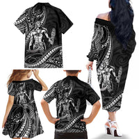 Filipinos Lapu Lapu Hero Family Matching Off The Shoulder Long Sleeve Dress and Hawaiian Shirt Black Polynesian Tribal Tattoo