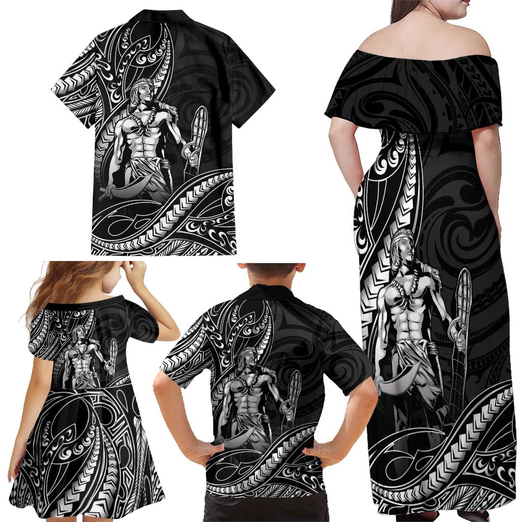 Filipinos Lapu Lapu Hero Family Matching Off Shoulder Maxi Dress and Hawaiian Shirt Black Polynesian Tribal Tattoo