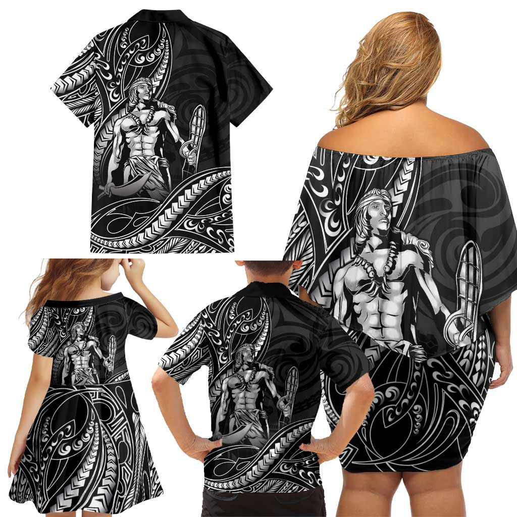 Filipinos Lapu Lapu Hero Family Matching Off Shoulder Short Dress and Hawaiian Shirt Black Polynesian Tribal Tattoo