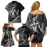 Filipinos Lapu Lapu Hero Family Matching Off Shoulder Short Dress and Hawaiian Shirt Black Polynesian Tribal Tattoo