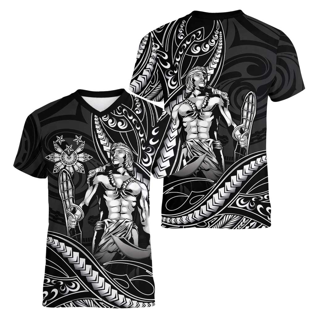Filipinos Lapu Lapu Hero Women V-Neck T-Shirt Black Polynesian Tribal Tattoo