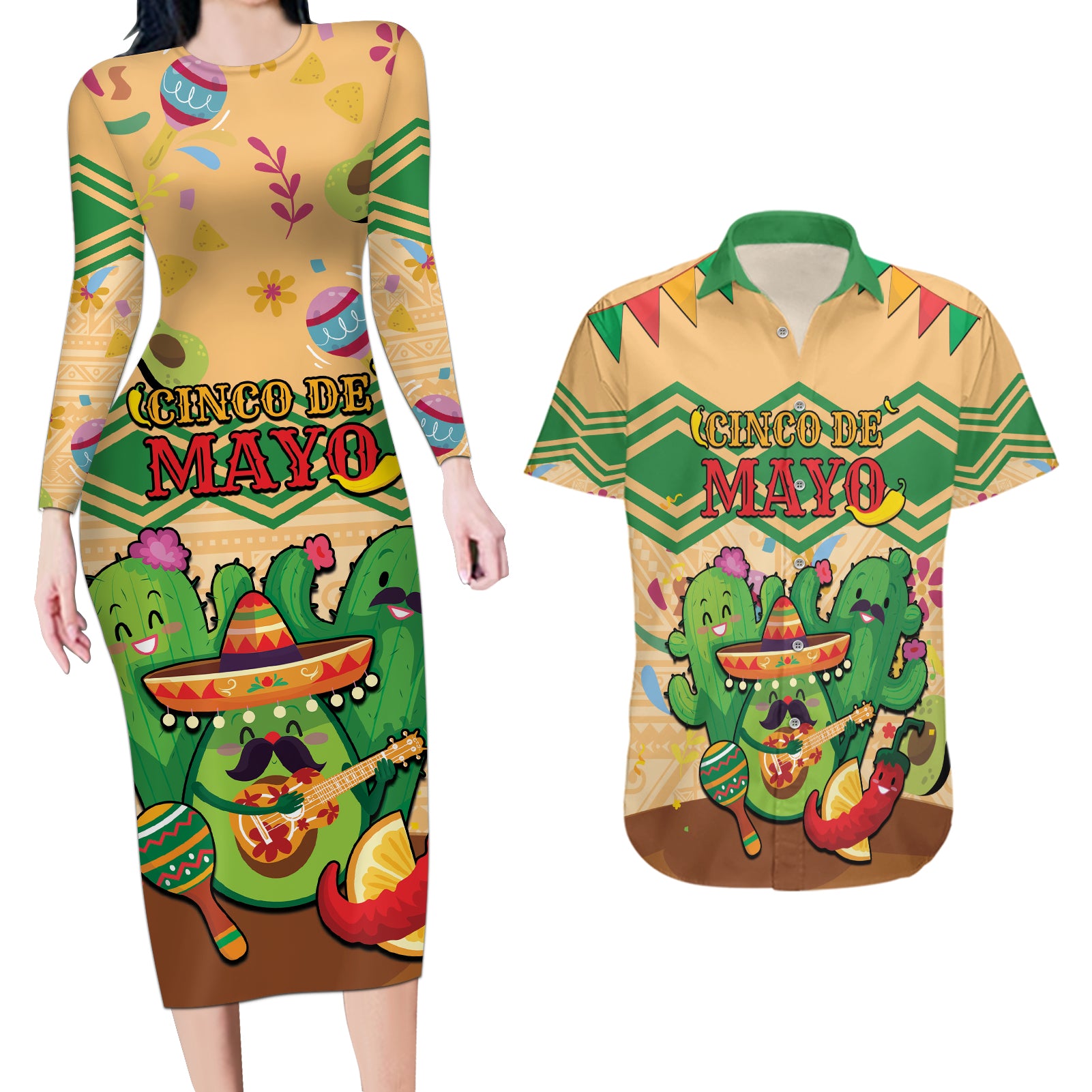 Personalised Hawaii Cinco De Mayo Couples Matching Long Sleeve Bodycon Dress and Hawaiian Shirt Funny Style