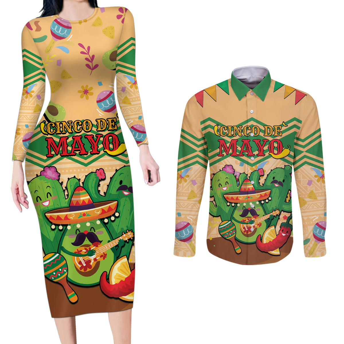 Personalised Hawaii Cinco De Mayo Couples Matching Long Sleeve Bodycon Dress and Long Sleeve Button Shirt Funny Style LT05 Brown - Polynesian Pride