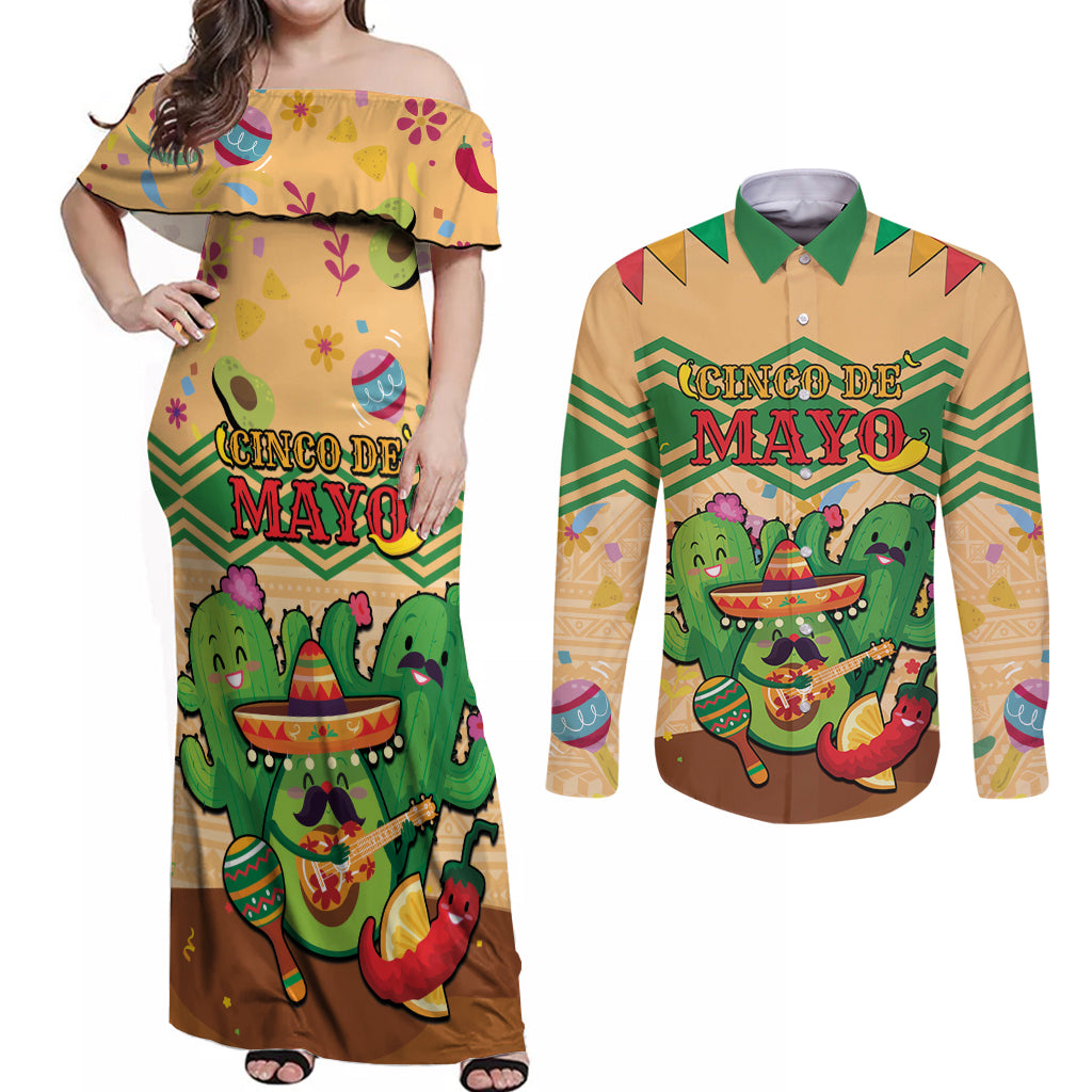 Personalised Hawaii Cinco De Mayo Couples Matching Off Shoulder Maxi Dress and Long Sleeve Button Shirt Funny Style LT05 Brown - Polynesian Pride