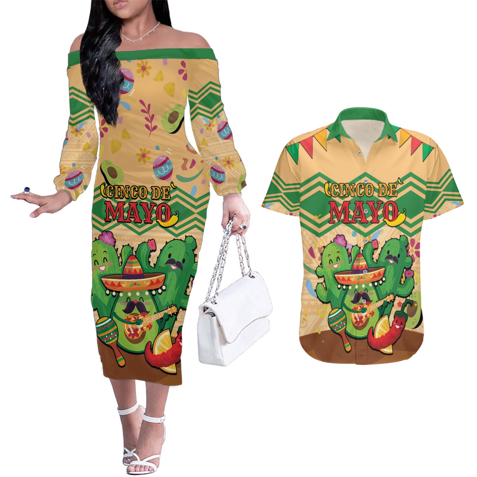 Personalised Hawaii Cinco De Mayo Couples Matching Off The Shoulder Long Sleeve Dress and Hawaiian Shirt Funny Style LT05 Brown - Polynesian Pride