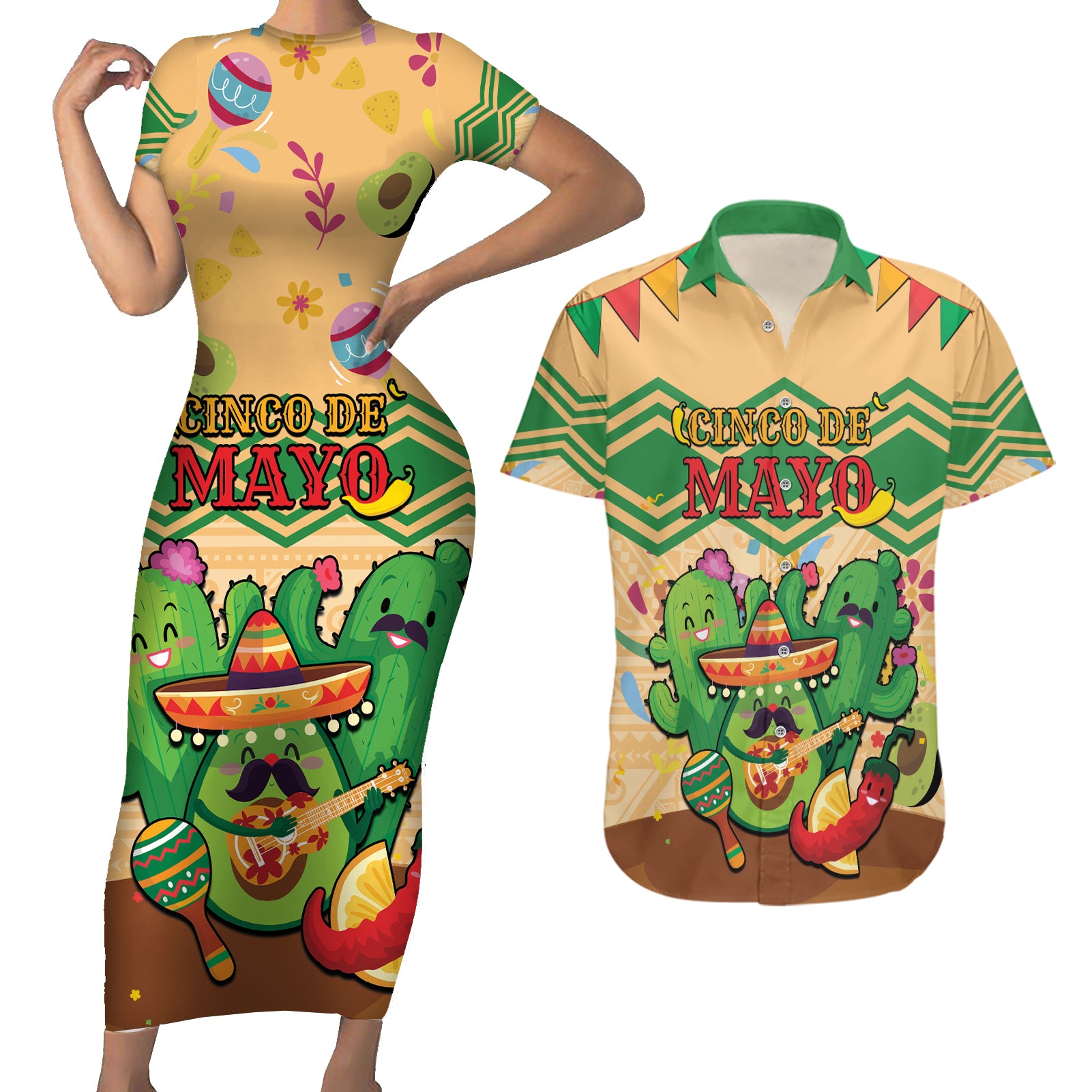 Personalised Hawaii Cinco De Mayo Couples Matching Short Sleeve Bodycon Dress and Hawaiian Shirt Funny Style