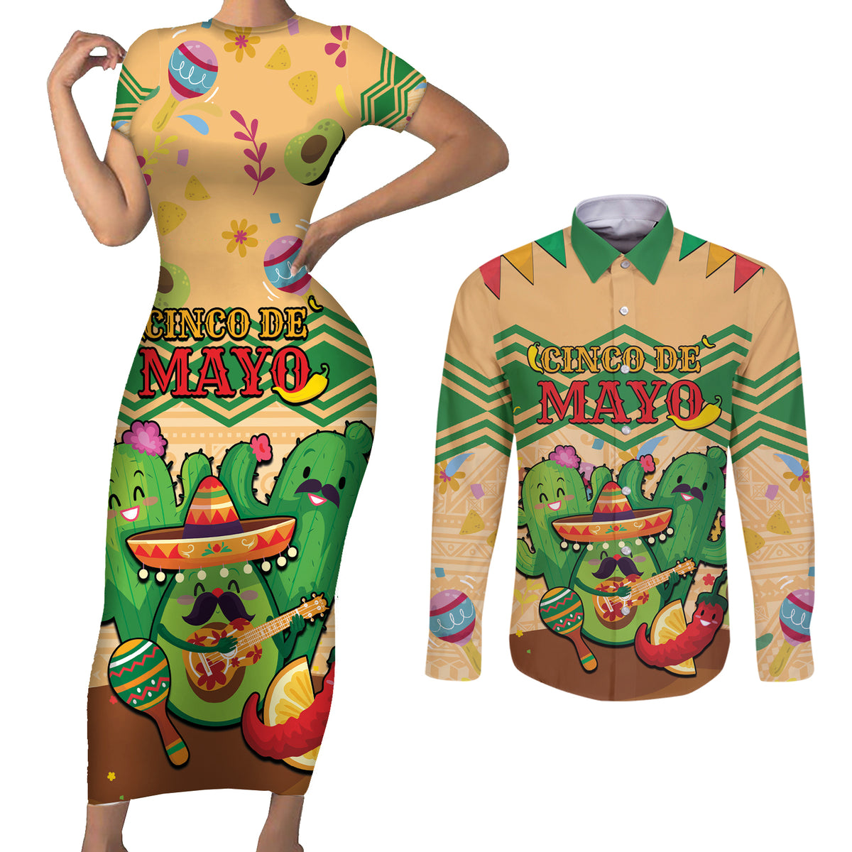 Personalised Hawaii Cinco De Mayo Couples Matching Short Sleeve Bodycon Dress and Long Sleeve Button Shirt Funny Style LT05 Brown - Polynesian Pride