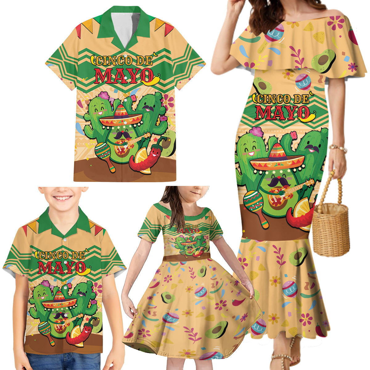 Personalised Hawaii Cinco De Mayo Family Matching Mermaid Dress and Hawaiian Shirt Funny Style