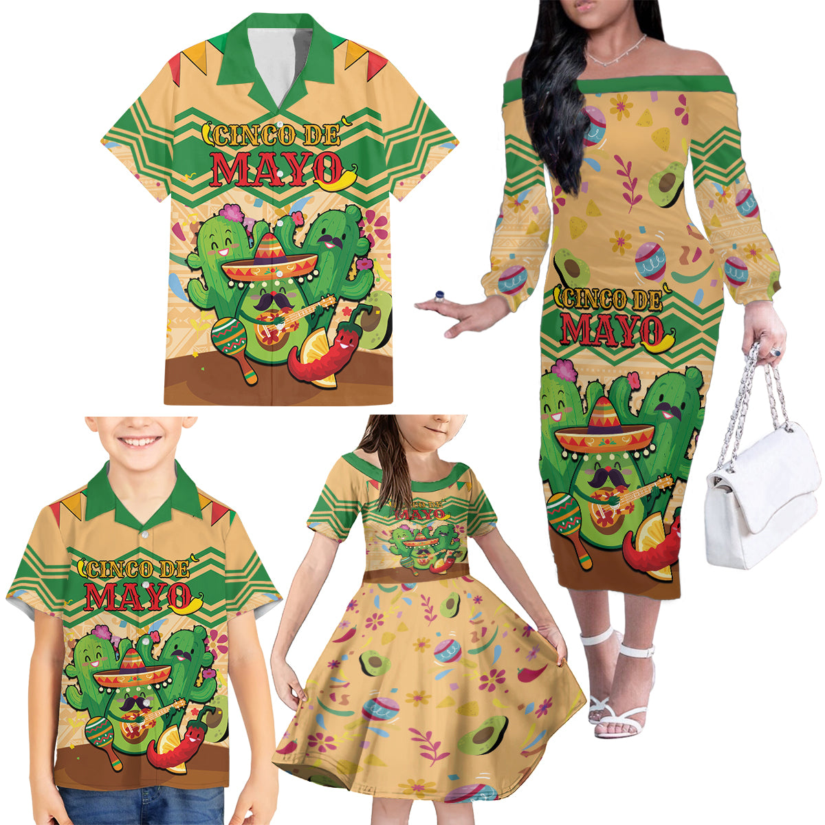 Personalised Hawaii Cinco De Mayo Family Matching Off The Shoulder Long Sleeve Dress and Hawaiian Shirt Funny Style