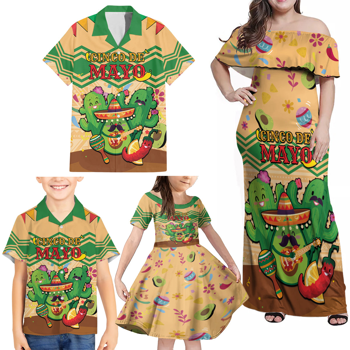 Personalised Hawaii Cinco De Mayo Family Matching Off Shoulder Maxi Dress and Hawaiian Shirt Funny Style