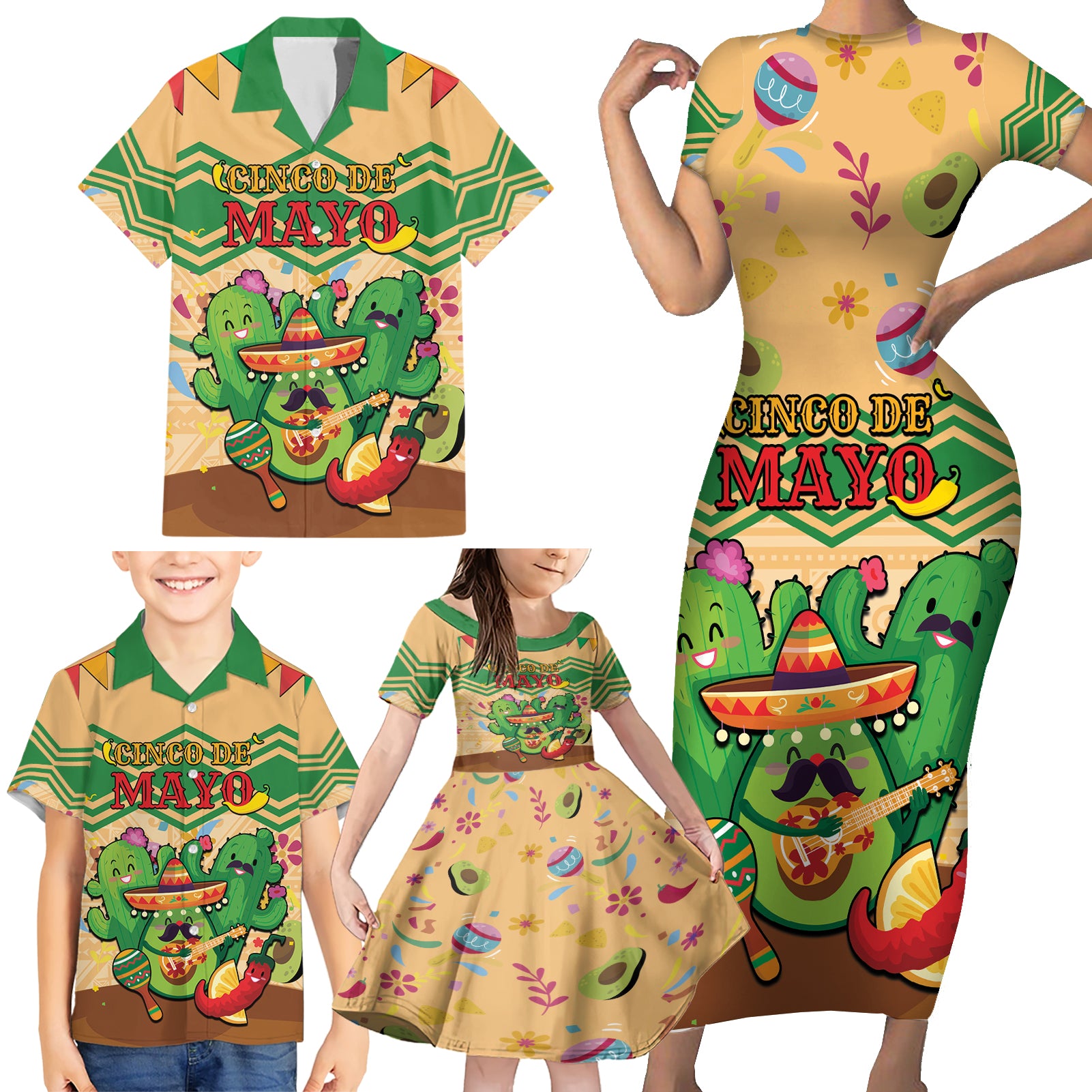 Personalised Hawaii Cinco De Mayo Family Matching Short Sleeve Bodycon Dress and Hawaiian Shirt Funny Style