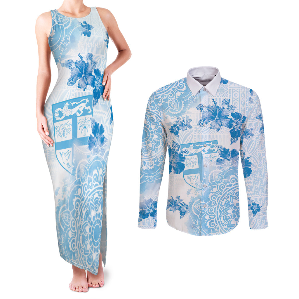 Happy Fiji Girmit Day Couples Matching Tank Maxi Dress and Long Sleeve Button Shirt Fijian Tapa With Mandala Pattern