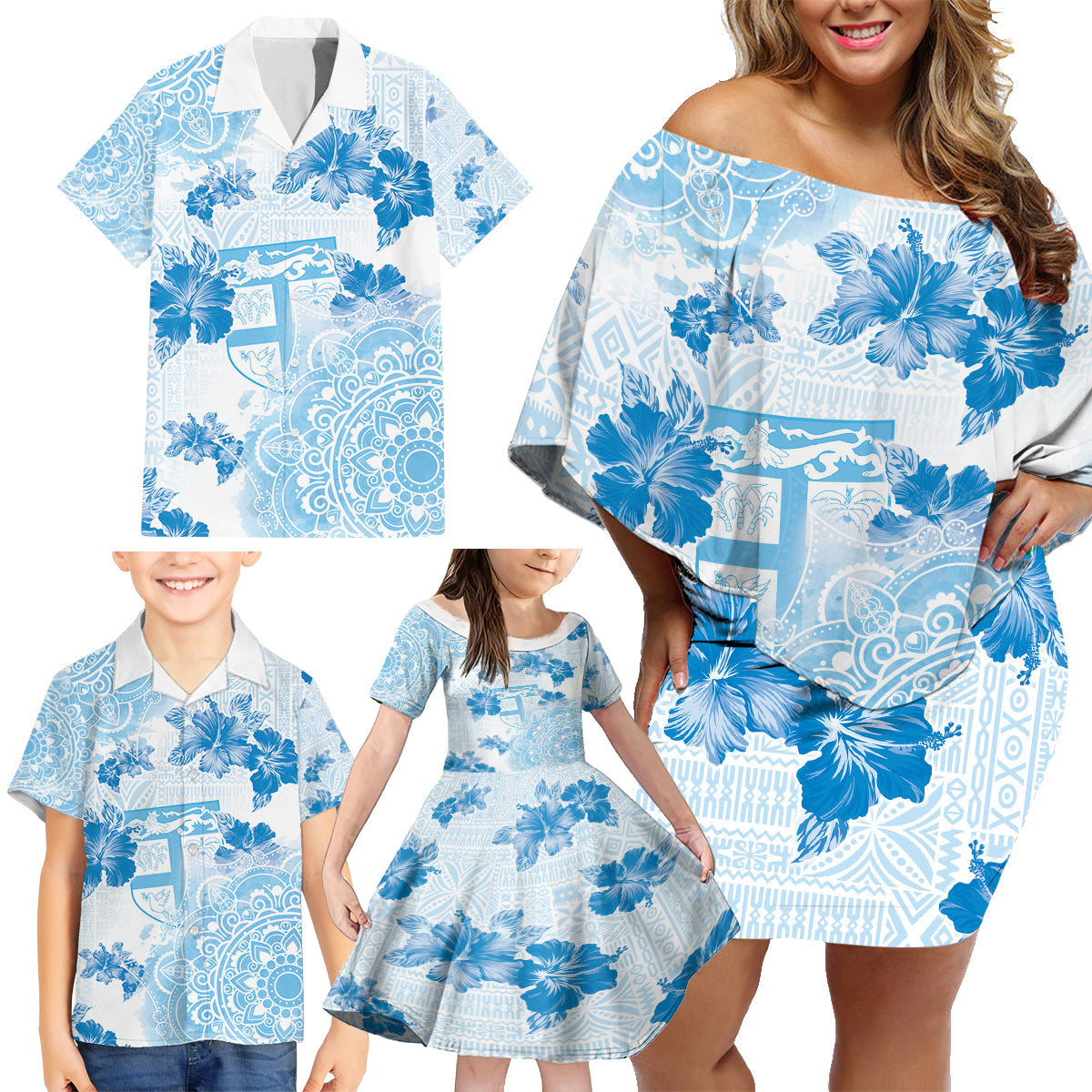 Happy Fiji Girmit Day Family Matching Off Shoulder Short Dress and Hawaiian Shirt Fijian Tapa With Mandala Pattern