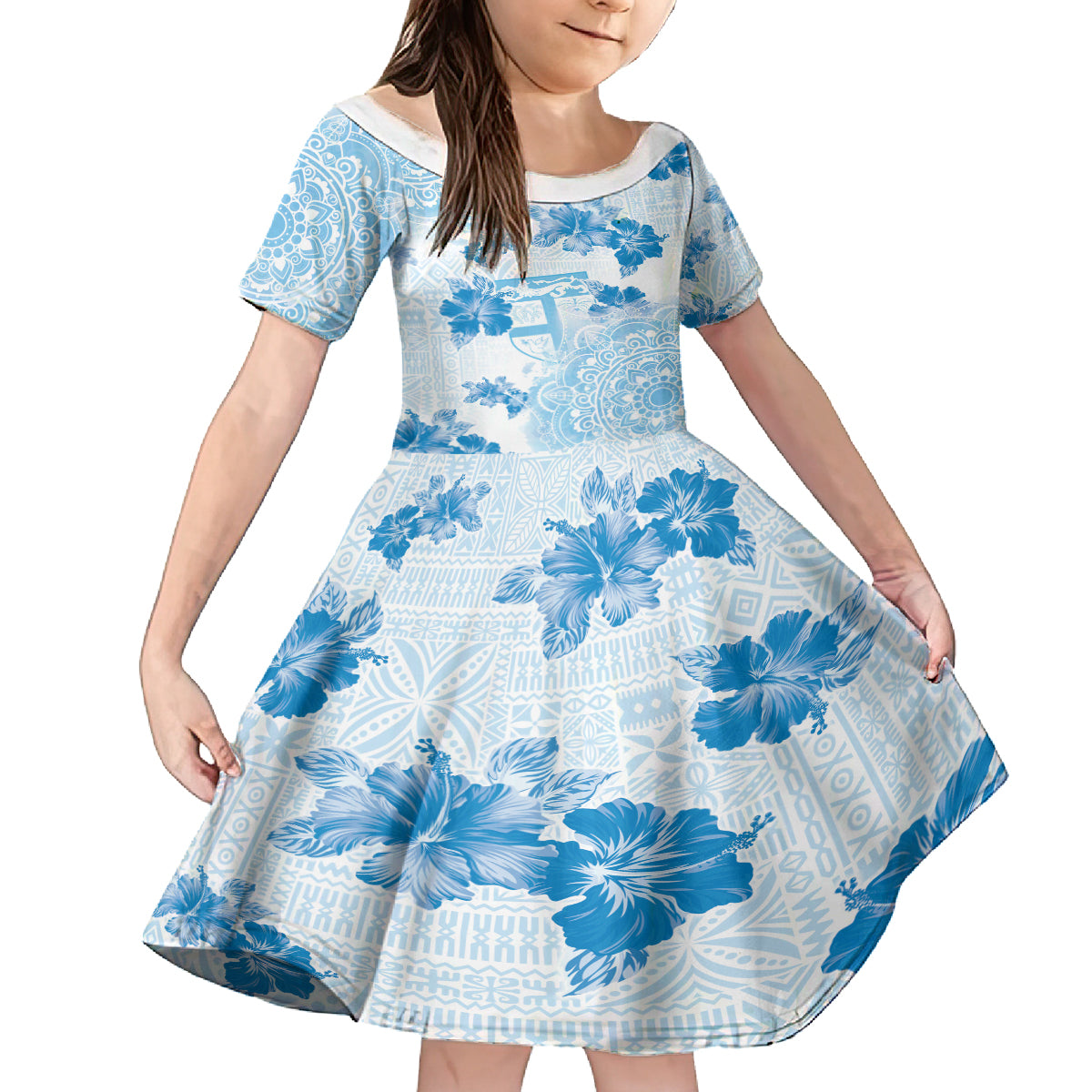 Happy Fiji Girmit Day Kid Short Sleeve Dress Fijian Tapa With Mandala Pattern