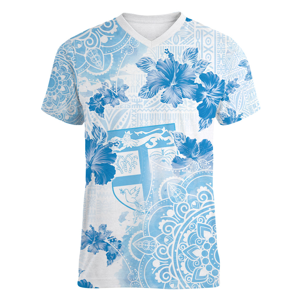 Happy Fiji Girmit Day Women V-Neck T-Shirt Fijian Tapa With Mandala Pattern