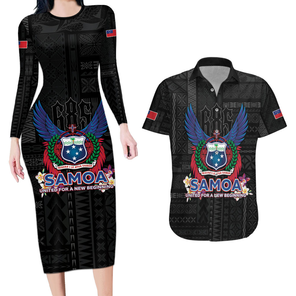 Samoa 64th Independence Anniversary Couples Matching Long Sleeve Bodycon Dress and Hawaiian Shirt LT05 Black - Polynesian Pride