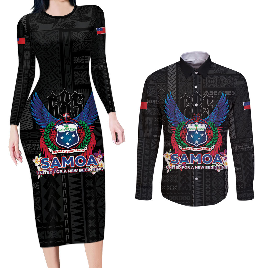 Samoa 64th Independence Anniversary Couples Matching Long Sleeve Bodycon Dress and Long Sleeve Button Shirt LT05 Black - Polynesian Pride