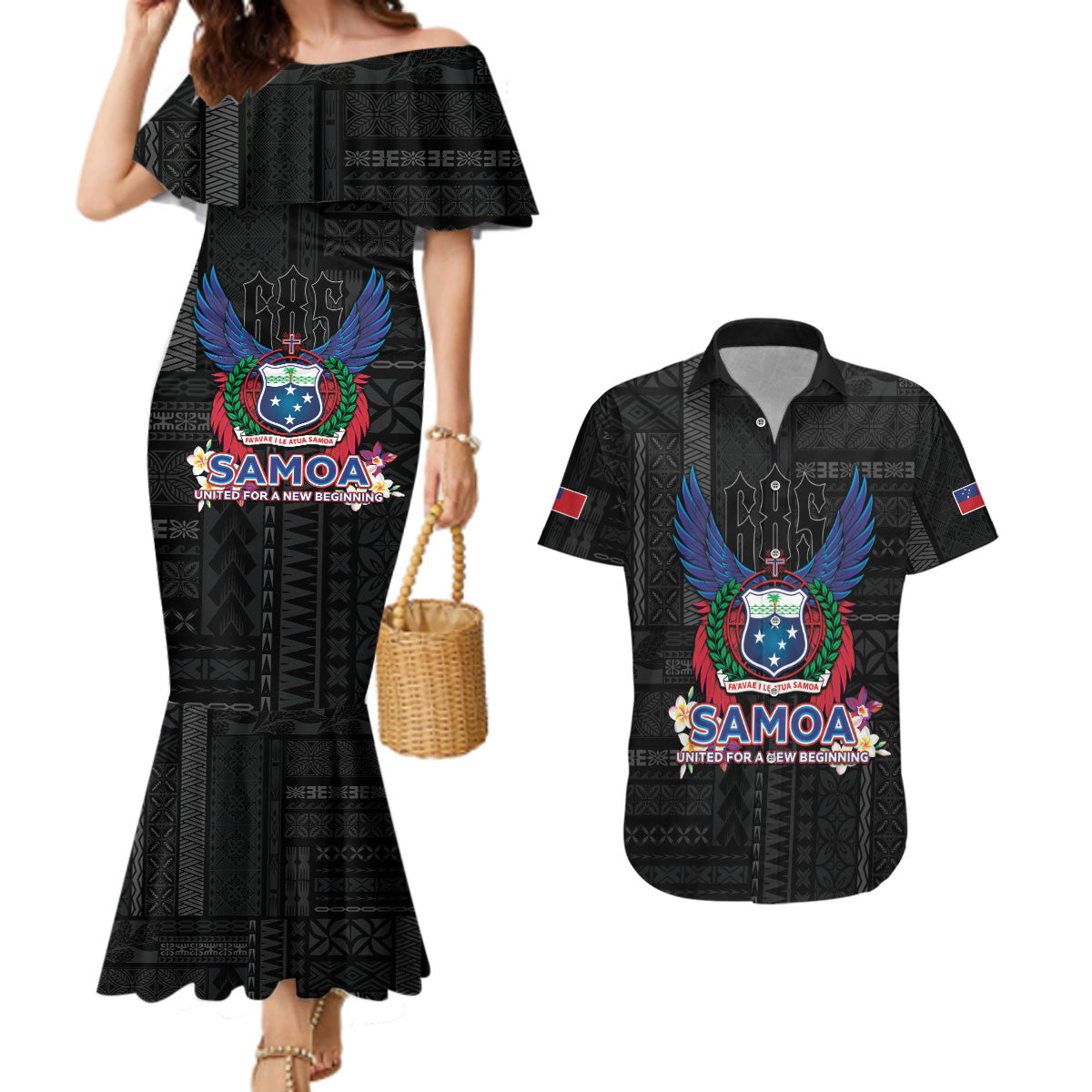 Samoa 64th Independence Anniversary Couples Matching Mermaid Dress and Hawaiian Shirt LT05 Black - Polynesian Pride