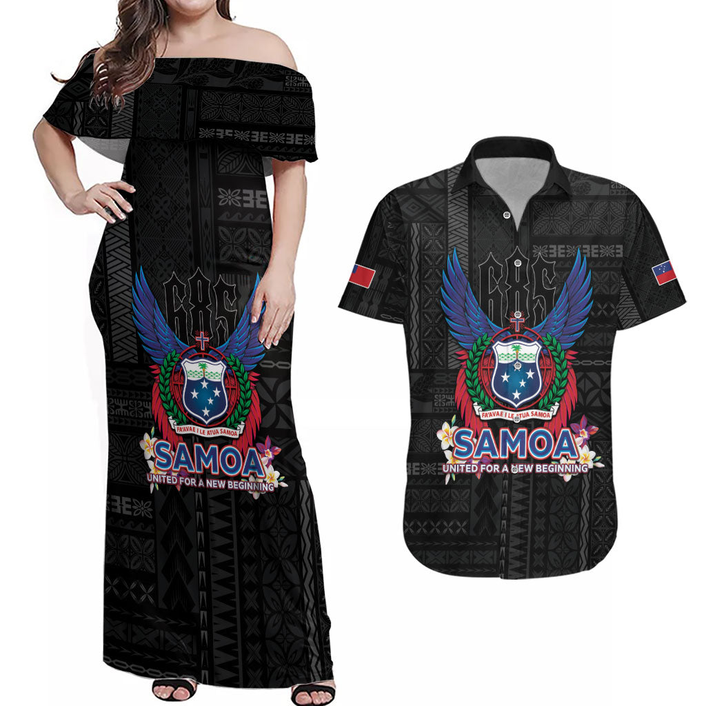 Samoa 64th Independence Anniversary Couples Matching Off Shoulder Maxi Dress and Hawaiian Shirt LT05 Black - Polynesian Pride