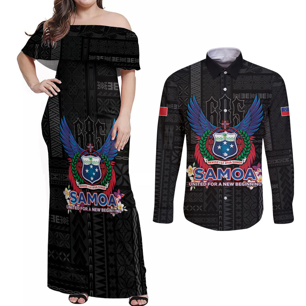 Samoa 64th Independence Anniversary Couples Matching Off Shoulder Maxi Dress and Long Sleeve Button Shirt LT05 Black - Polynesian Pride