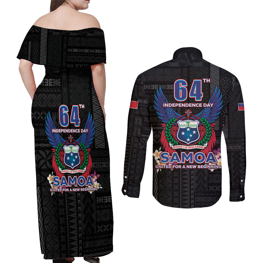 Samoa 64th Independence Anniversary Couples Matching Off Shoulder Maxi Dress and Long Sleeve Button Shirt LT05 - Polynesian Pride