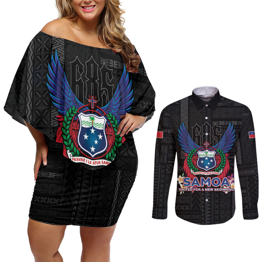 Samoa 64th Independence Anniversary Couples Matching Off Shoulder Short Dress and Long Sleeve Button Shirt LT05 Black - Polynesian Pride