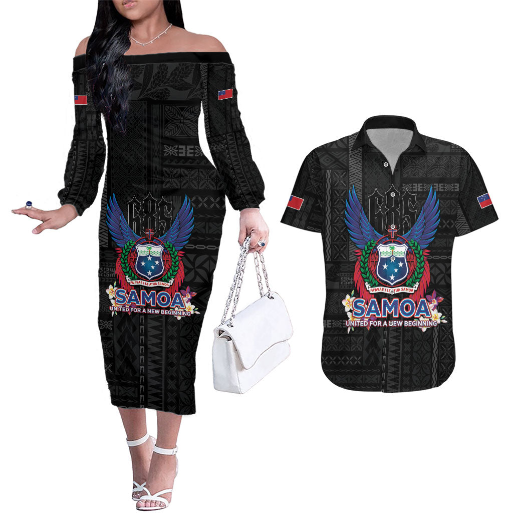 Samoa 64th Independence Anniversary Couples Matching Off The Shoulder Long Sleeve Dress and Hawaiian Shirt LT05 Black - Polynesian Pride