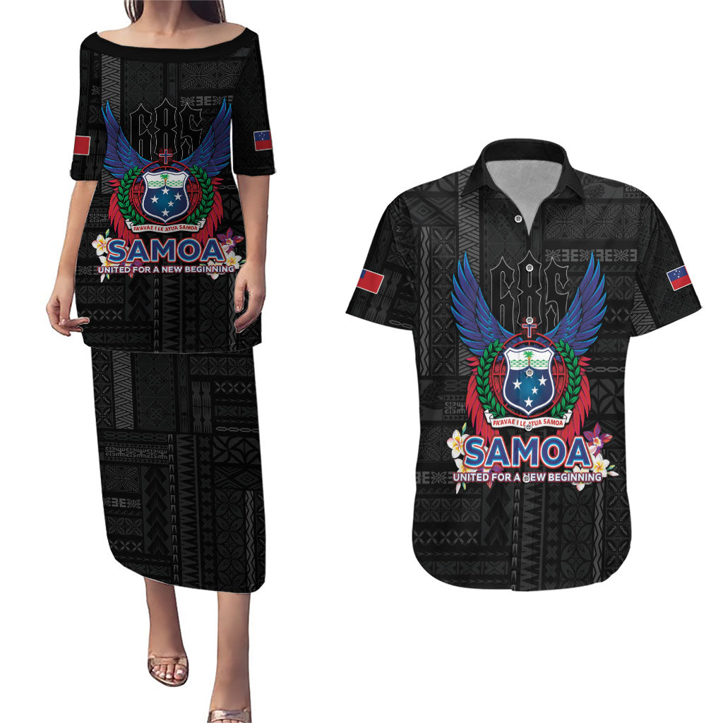 Samoa 64th Independence Anniversary Couples Matching Puletasi and Hawaiian Shirt LT05 Black - Polynesian Pride