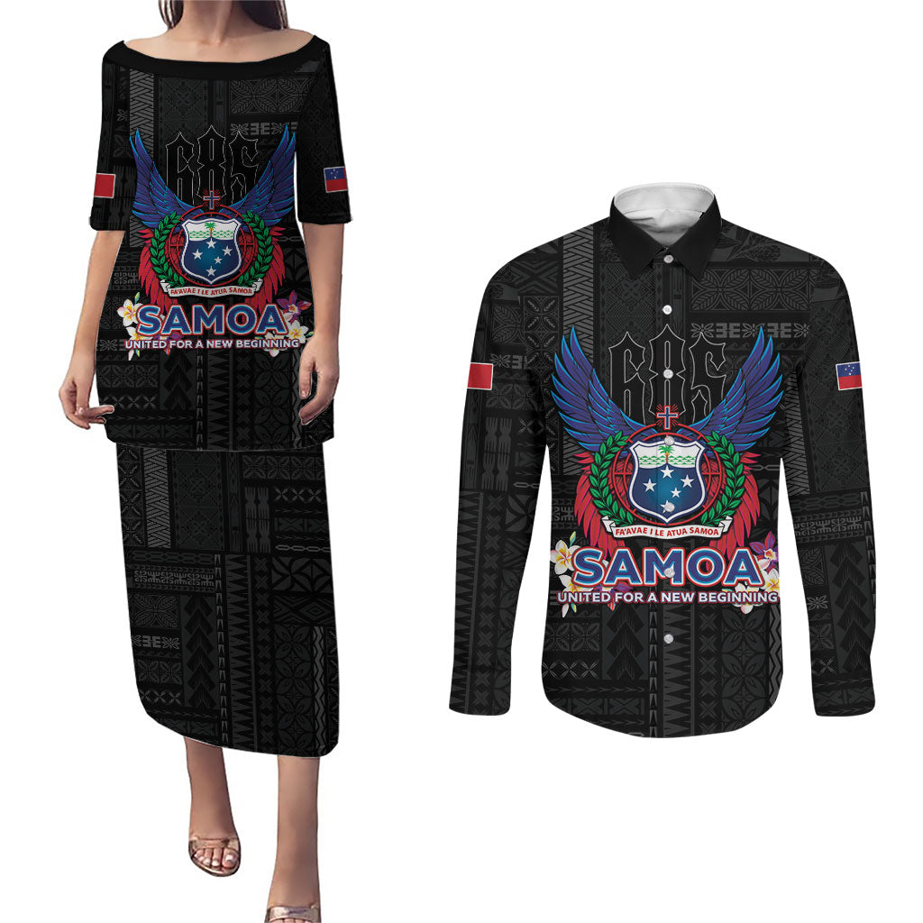 Samoa 64th Independence Anniversary Couples Matching Puletasi and Long Sleeve Button Shirt LT05 Black - Polynesian Pride