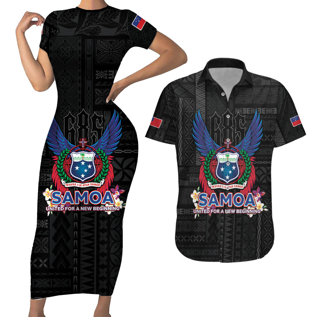 Samoa 64th Independence Anniversary Couples Matching Short Sleeve Bodycon Dress and Hawaiian Shirt LT05 Black - Polynesian Pride