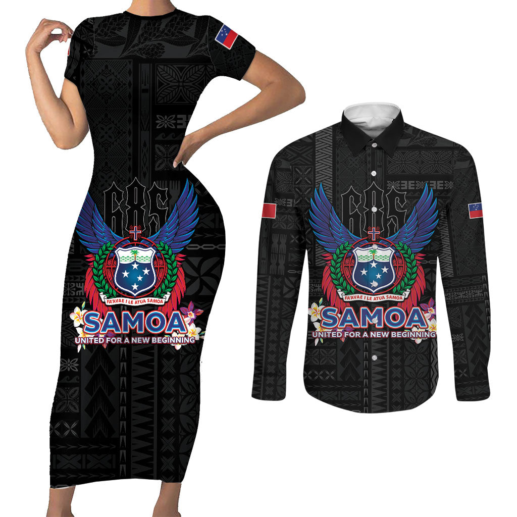 Samoa 64th Independence Anniversary Couples Matching Short Sleeve Bodycon Dress and Long Sleeve Button Shirt LT05 Black - Polynesian Pride