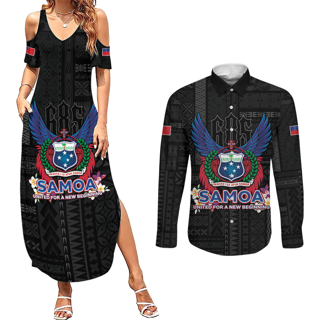Samoa 64th Independence Anniversary Couples Matching Summer Maxi Dress and Long Sleeve Button Shirt LT05 Black - Polynesian Pride