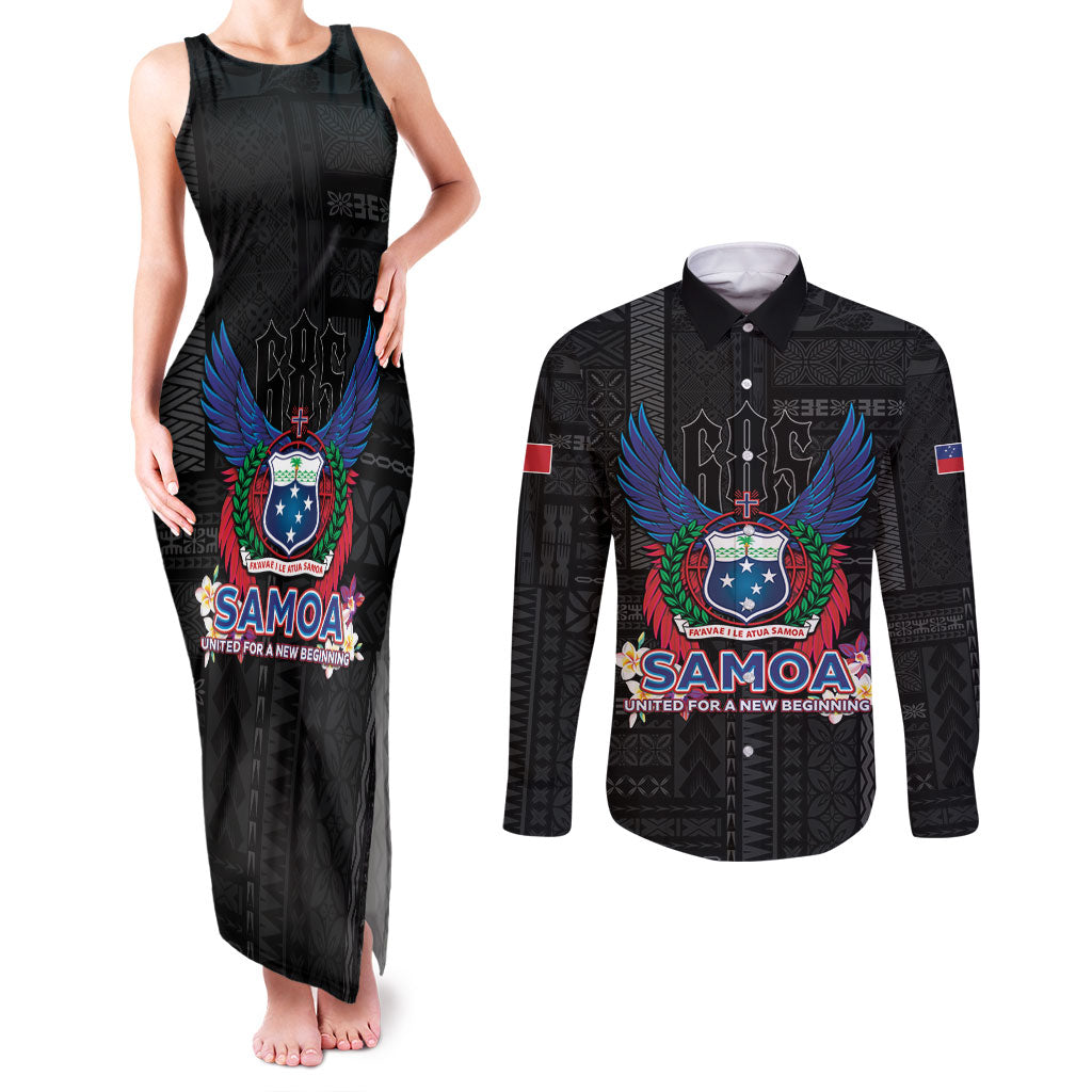 Samoa 64th Independence Anniversary Couples Matching Tank Maxi Dress and Long Sleeve Button Shirt LT05 Black - Polynesian Pride