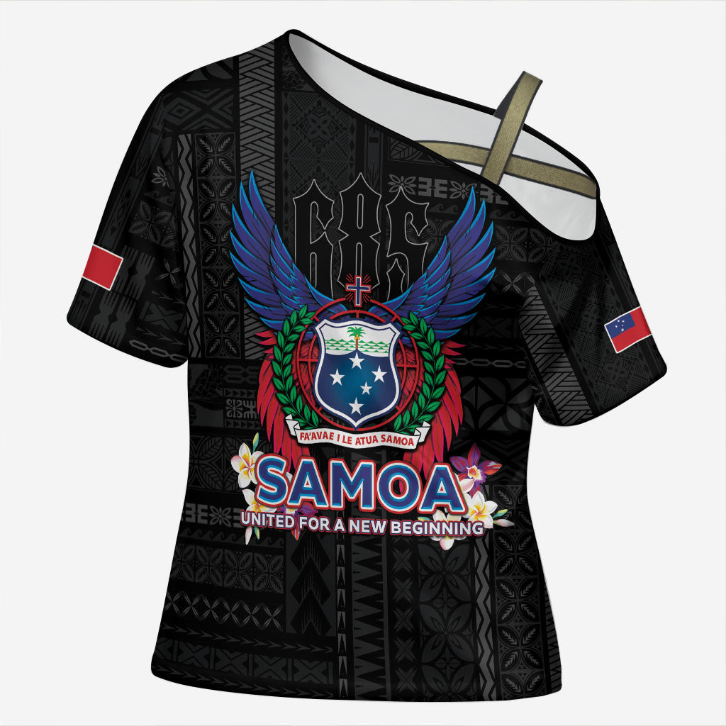 Samoa 64th Independence Anniversary Cross Shoulder Shirt LT05 Female Black - Polynesian Pride