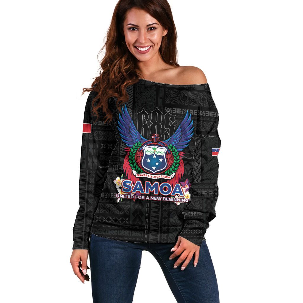 Samoa 64th Independence Anniversary Off Shoulder Sweater LT05 Women Black - Polynesian Pride