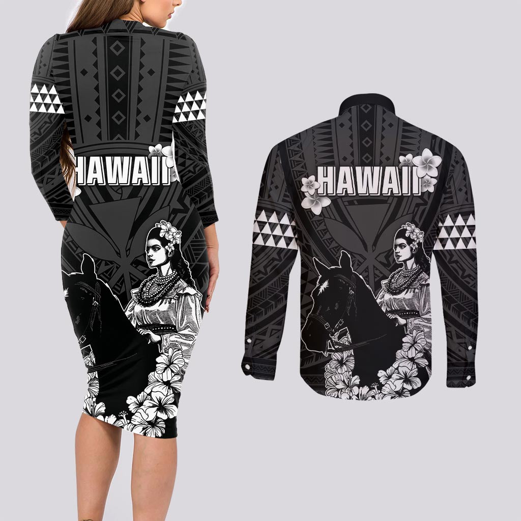 Hawaii King Kamehameha Day Parade Couples Matching Long Sleeve Bodycon Dress and Long Sleeve Button Shirt With Pa'u Riders Plumeria Kakau Tribal Pattern