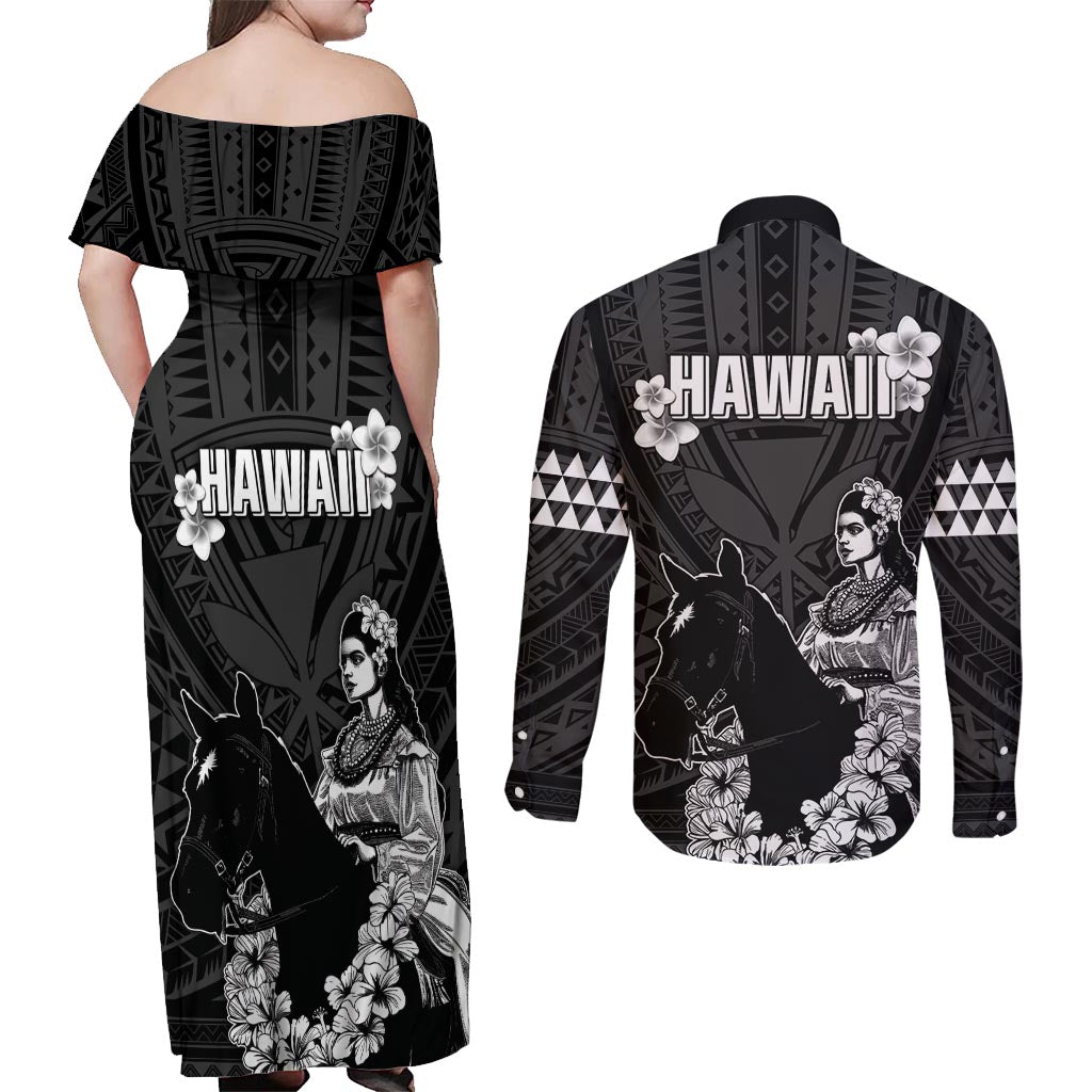Hawaii King Kamehameha Day Parade Couples Matching Off Shoulder Maxi Dress and Long Sleeve Button Shirt With Pa'u Riders Plumeria Kakau Tribal Pattern