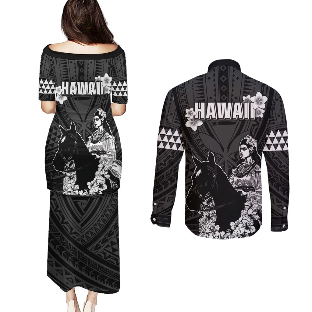 Hawaii King Kamehameha Day Parade Couples Matching Puletasi and Long Sleeve Button Shirt With Pa'u Riders Plumeria Kakau Tribal Pattern