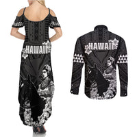 Hawaii King Kamehameha Day Parade Couples Matching Summer Maxi Dress and Long Sleeve Button Shirt With Pa'u Riders Plumeria Kakau Tribal Pattern