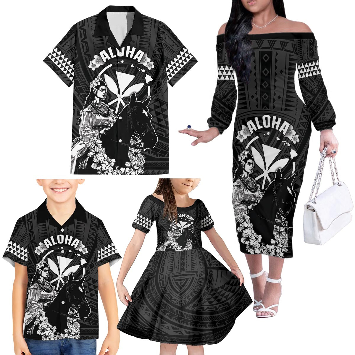 Hawaii King Kamehameha Day Parade Family Matching Off The Shoulder Long Sleeve Dress and Hawaiian Shirt With Pa'u Riders Plumeria Kakau Tribal Pattern