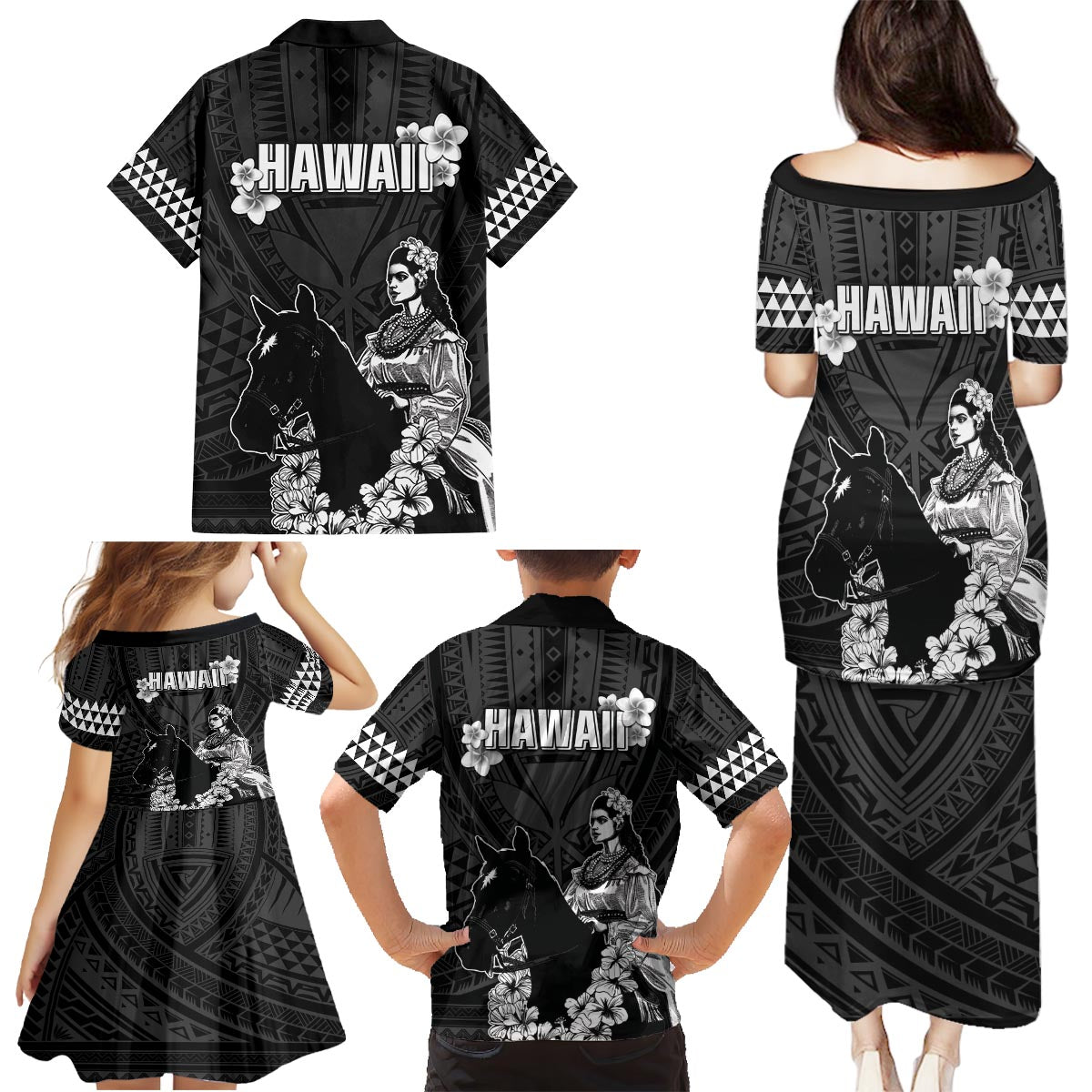 Hawaii King Kamehameha Day Parade Family Matching Puletasi and Hawaiian Shirt With Pa'u Riders Plumeria Kakau Tribal Pattern