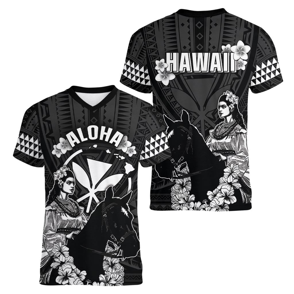 Hawaii King Kamehameha Day Parade Women V-Neck T-Shirt With Pa'u Riders Plumeria Kakau Tribal Pattern