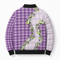 Violet Hawaii Palaka Bomber Puffer Jacket Maile Pikake Honohono Orchid Lei