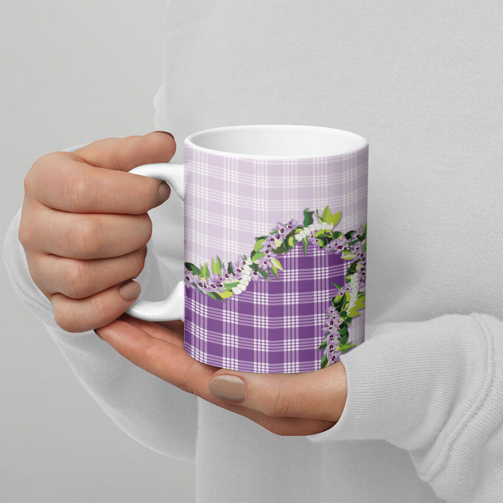 Violet Hawaii Palaka Ceramic Mug Maile Pikake Honohono Orchid Lei