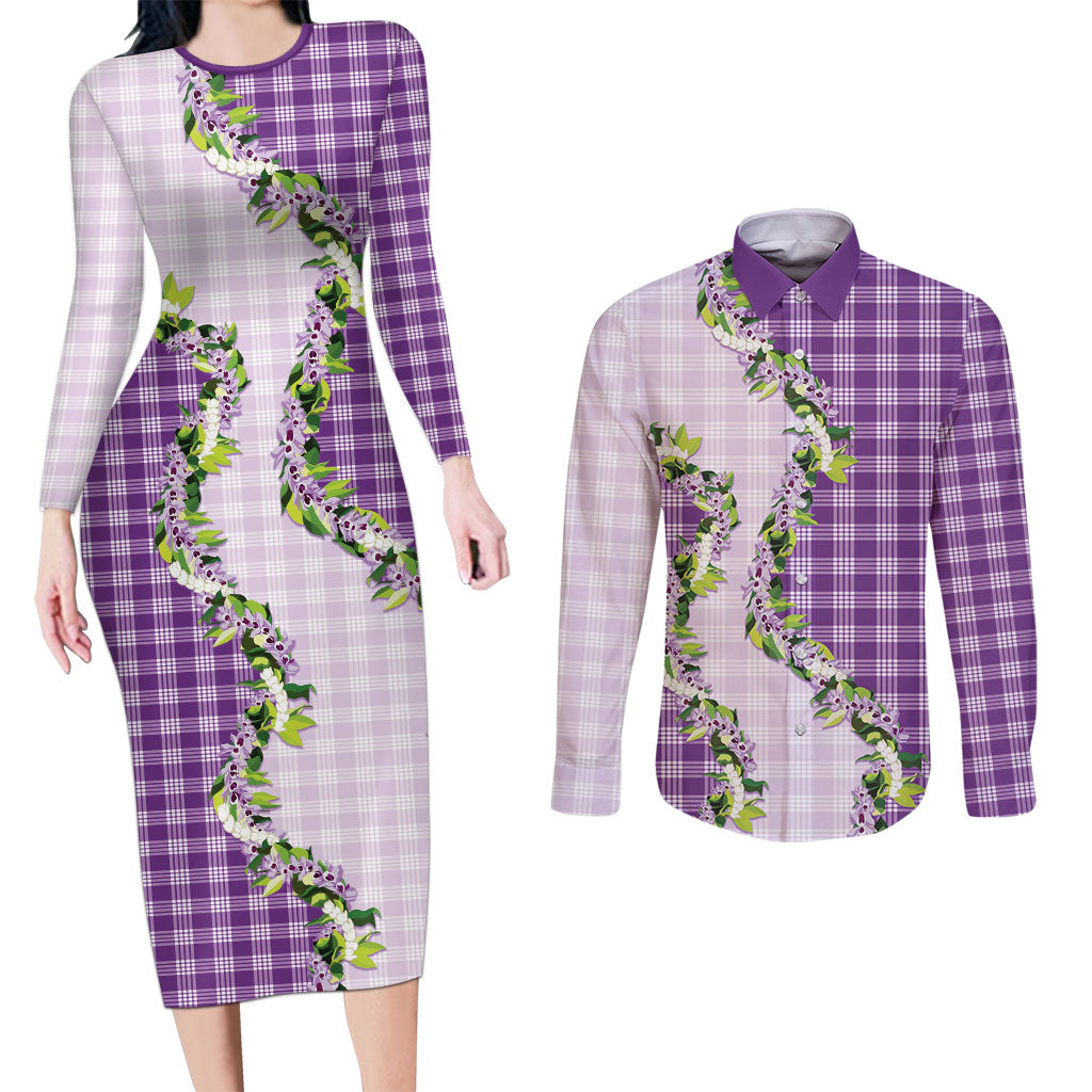 Violet Hawaii Palaka Couples Matching Long Sleeve Bodycon Dress and Long Sleeve Button Shirt Maile Pikake Honohono Orchid Lei