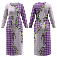 Violet Hawaii Palaka Couples Matching Long Sleeve Bodycon Dress and Long Sleeve Button Shirt Maile Pikake Honohono Orchid Lei LT05