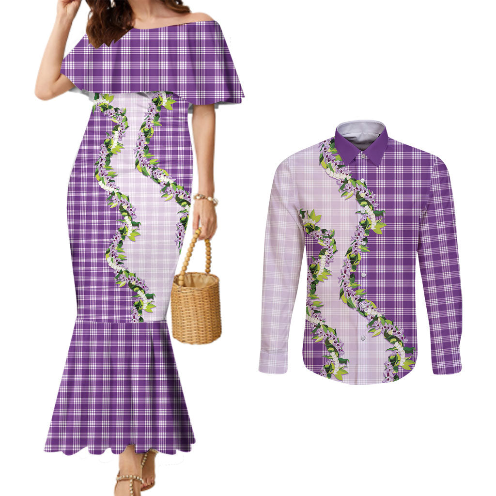 Violet Hawaii Palaka Couples Matching Mermaid Dress and Long Sleeve Button Shirt Maile Pikake Honohono Orchid Lei