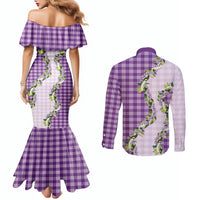 Violet Hawaii Palaka Couples Matching Mermaid Dress and Long Sleeve Button Shirt Maile Pikake Honohono Orchid Lei