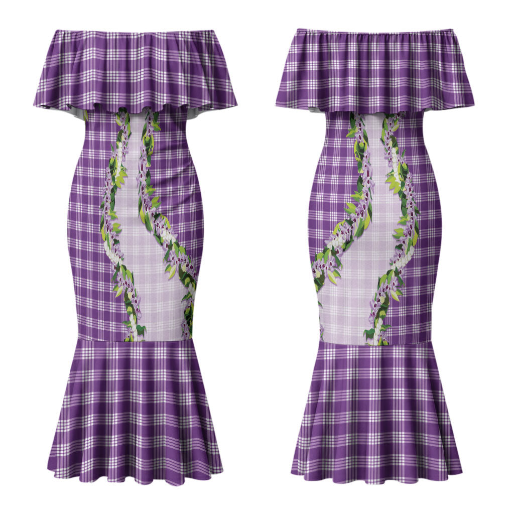 Violet Hawaii Palaka Couples Matching Mermaid Dress and Long Sleeve Button Shirt Maile Pikake Honohono Orchid Lei LT05