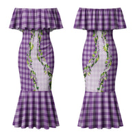 Violet Hawaii Palaka Couples Matching Mermaid Dress and Long Sleeve Button Shirt Maile Pikake Honohono Orchid Lei LT05